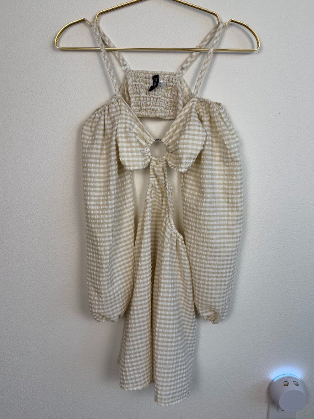 H&M Divided Gingham Check Puff Sleeve Cutout Dress O-Ring